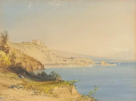 Neapelbukten Italien med Vesuvius bakom 1841