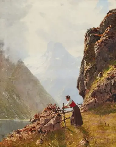 Девушка I Norskt Fjordlandskap
