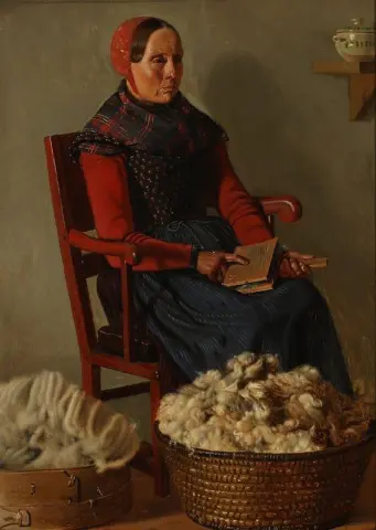 Interior con una mujer cardando lana 1852
