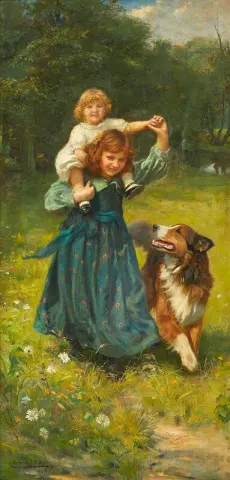 Green Landscapes With Playing Children And Dogs