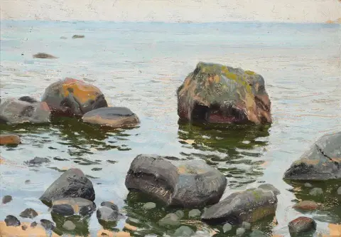 Eine Skizze einer Küste mit großen Felsen am Wasserrand