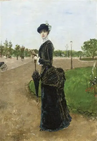 Tyylikäs nainen Bois De Boulognen sisäänkäynnissä 1880