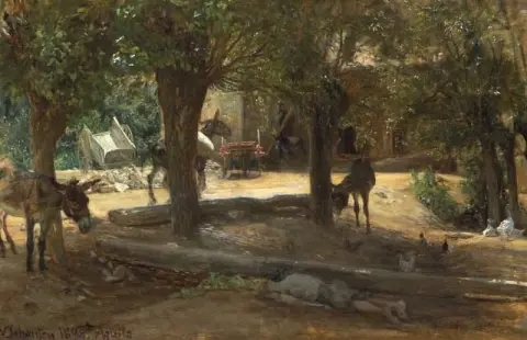 Ослы под тенистыми деревьями в полуденную жару в Аквиле, Италия, 1898 г.