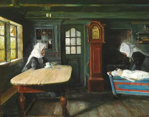 Интерьер фермерского дома с малышом в колыбели, 1901 год.
