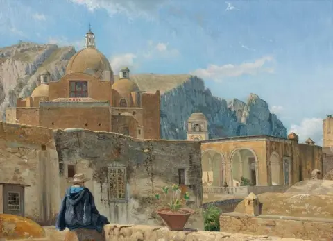 ילד צעיר יושב על קיר המשקיף לכפרי, בערך 1850-52