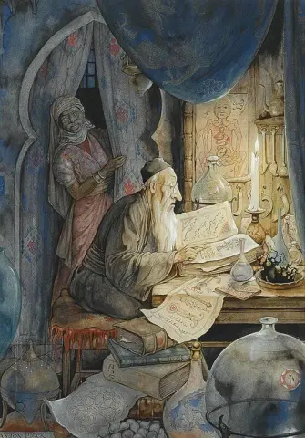 Eine Illustration für die Tausendundeine Nacht, die 27. Nacht, die Geschichte des jüdischen Arztes