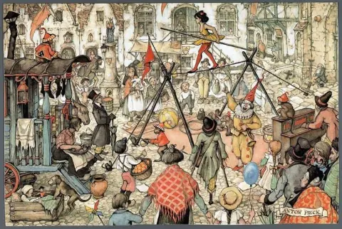 Straatbeeld mit einer Akrobatik und einem Clown