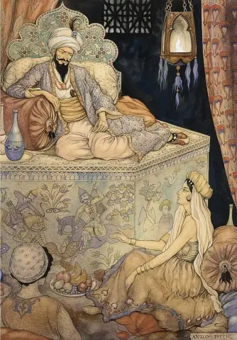 Die Geschichte, die Königin Scheherazade König Shahryar erzählt