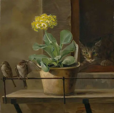 Natureza morta com uma prímula em um vaso de flores, um gato e dois pardais, 1823