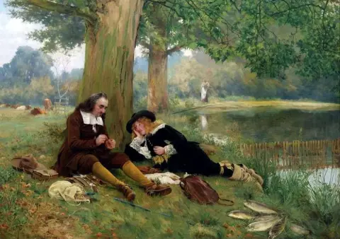 Atando una mosca - Izaak Walton y John Offley en la orilla del agua 1884