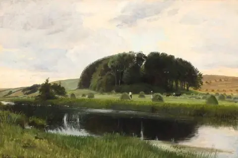 Paesaggio con lavoratori del raccolto in un campo vicino a un lago 1905