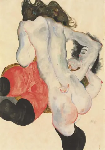 Liggende vrouw met rode broek en staand vrouwelijk naakt 1912