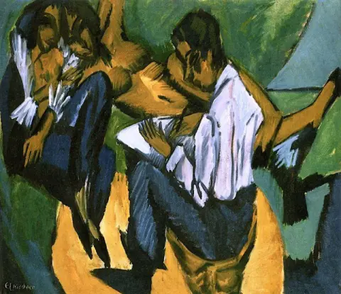 2人の女性とスケッチをしているアーティスト、女性もアーティストとして知られている - (1913)