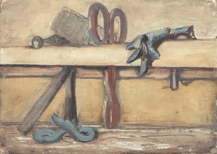 Nature morte avec maillet, ciseaux et deux gants
