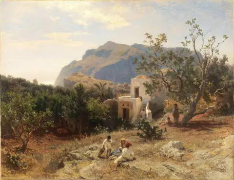Ansicht Von Capri Mit Den Ruinen Der Villa Des Kaisers Tiberius Im Hintergrund Uma vista de Capri com os restos da vila do imperador Tibério ao fundo S.d.