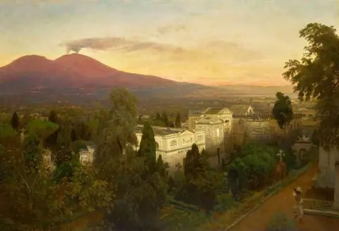 Campo Santo em Poggioreale O Vesúvio além de cerca de 1873