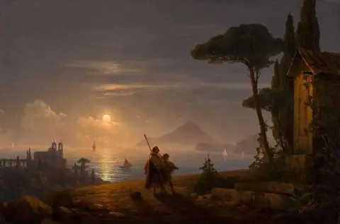 月光下的波佐利湾景观，背景为满月的尼西达岛和伊斯基亚岛，1844 年