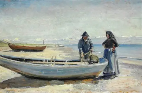 一位渔夫和他的妻子在 Skagen S Nderstrand 的船上，1923 年