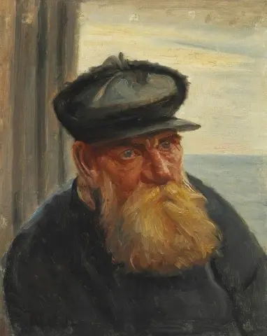 门口的老渔夫，背景是大海 Skagen 1912