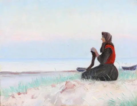 费舍曼的妻子在斯卡恩海滩编织 1899 年