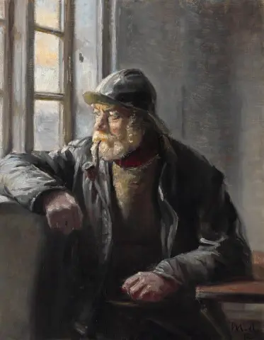 来自 Skagen 的渔夫 Ole Svendsen 在窗边抽烟斗，1914 年
