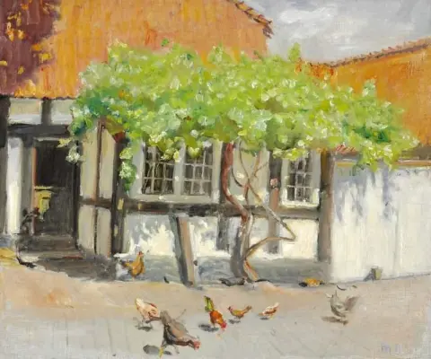 取材于斯卡恩的庭院，夏日小鸡啄食，1910 年