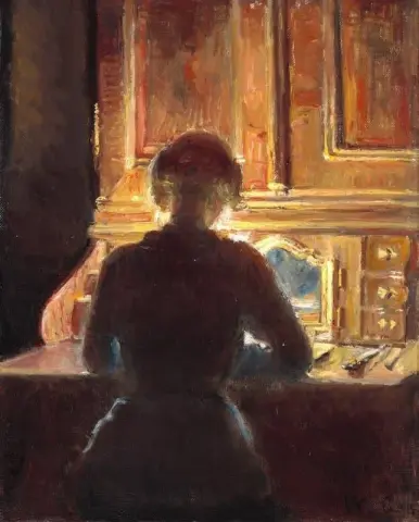Helga 坐在 Michael Ancher S 工作室里，位于 Markvej 的 Ortmann Rococo 胡桃木办公室