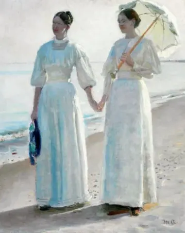 Minne 和 Sophie Holst 穿着浅色夏装在 Skagen 海滩 1896 年