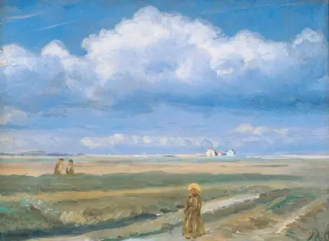 前景中的高沼地景观 Skagen 人物