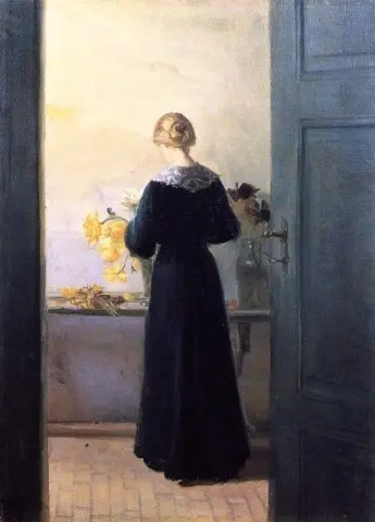 年轻女子插花，约 1885 年
