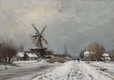 Winterlandschap Met Stellingmolen Bij 代尔夫特