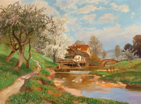 A Springtime Landscape With Ducks And Blossoming Trees