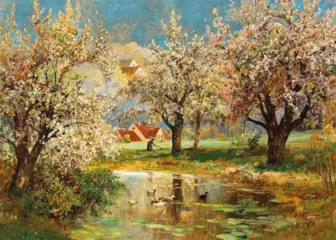 A Springtime Landscape With Ducks At The Pond