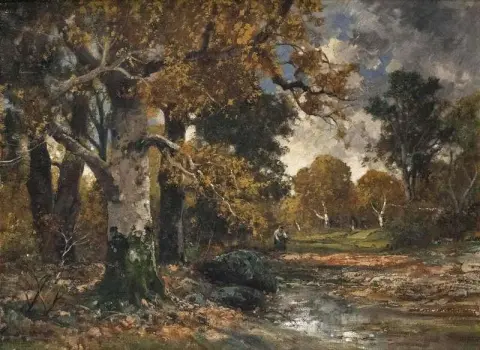 Herbstwald Mit Kleinem Gewasser 和 Holzsammlerin