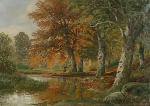 Reisigsammlerin In Herbstlicher Waldlandschaft