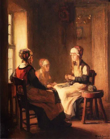 Een interieur met breiende Marken-meisjes