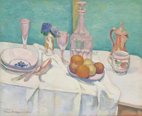 Naturaleza muerta con jarra, vasos, olla de hojalata con frutas sobre un mantel, 1888