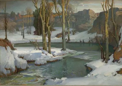 宁静的冰雪覆盖的河流景观，约 1926 年