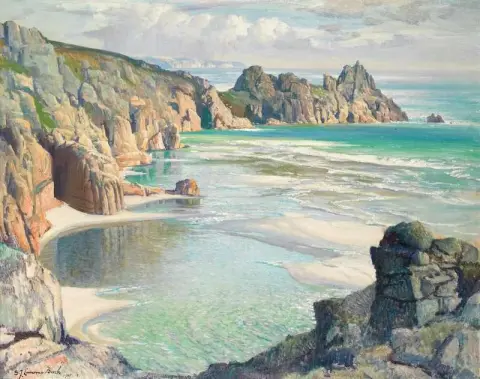从 Porthcurno 湾上方俯瞰 Pedn-voounde 1935 年