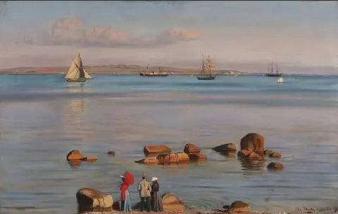 Coastal Scene With Figures Watching The Ships Passing By 1890