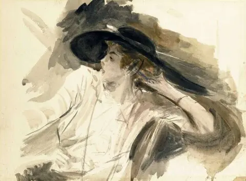 戴大帽子的年轻女子，约 1910 年
