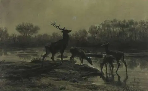 Олень пьет у залитого лунным светом озера 1867