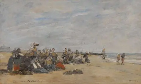 ベルク ビーチに座る漁師たちのグループ 1875