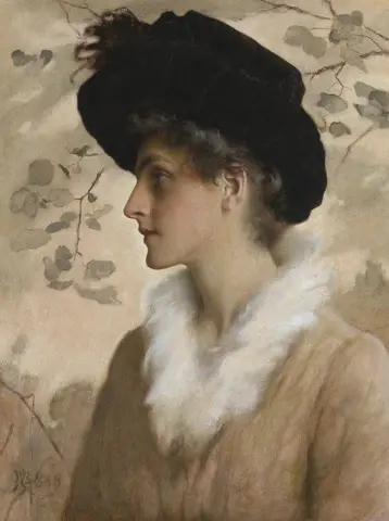Muotokuva puolipitkästä naisesta, jolla on musta hattu ja turkis, 1888