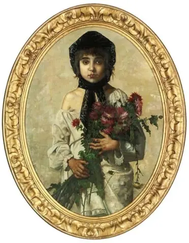 야생 꽃 다발을 들고 검은 보닛을 쓴 반신의 어린 소녀의 초상 1883