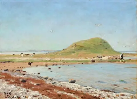 海滩场景与羊和一个行走的人 1894