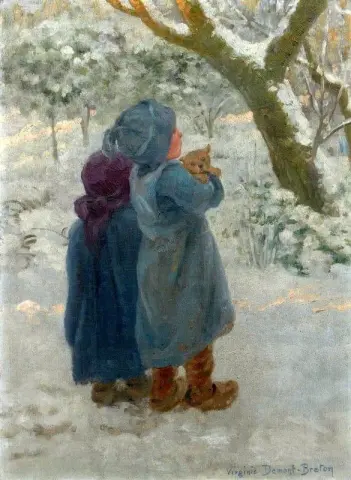 Маленькие дети и их собака в снегу