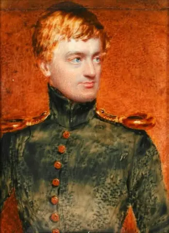 Un retrato en miniatura de un oficial con abrigo negro con cuello alto, botones dorados y charreteras, 1839