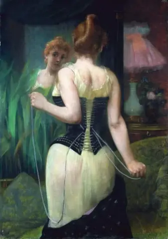 コルセットを調整する若い女性 1893