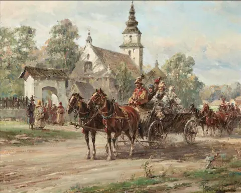 Paardenkoetsen buiten een kerk